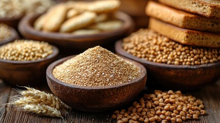 Wooden bowls contain various grains and baked goods