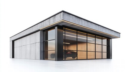 Modern Garage Architecture: A sleek and minimalist concrete garage with large glass panels and a wooden door, showcasing a glimpse of a car within.