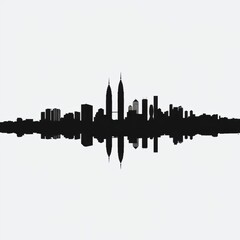 Naklejka premium Silhouette city skyline emerges from the mist as the morning sun rises reflecting in calm waters below historic towers blend with modern skyscrapers in a picturesque ethereal scene silhouetted skyline