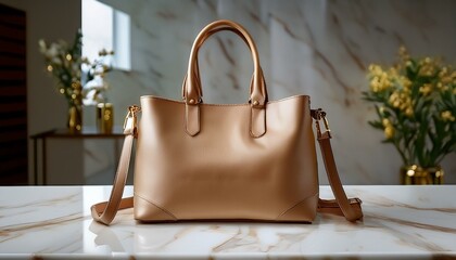 고급스러운 가죽 토트백이 대리석 테이블 위에 놓여 있다