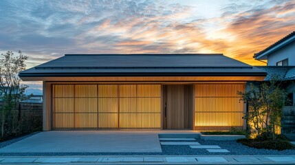 Fototapeta premium Tranquil Evening at Modern Japanese House: A contemporary Japanese-style house illuminated at twilight, showcasing its sleek design, warm lighting.