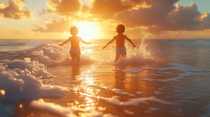 Fototapeta premium Kids Enjoying a Joyful Race Along the Shoreline During Sunset at the Beach