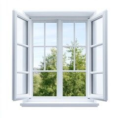 Fototapeta premium Bright Open Window with Clear View of Green Trees and Blue Sky in Modern Home Interior