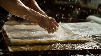Pressing Handmade Paper: A process of pressing sheets of handmade paper to extract moisture, highlighting the skill and tradition of papermaking.