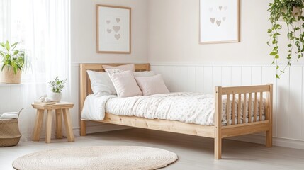 Cheerful cozy bedroom designed for a teenager with pastel accents and floral patterns