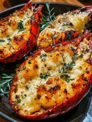 Grilled lobster tails topped with cheese and herbs, a delicious seafood dish