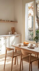 Minimalist family kitchen with multifunctional design and natural light enhancing a cozy atmosphere
