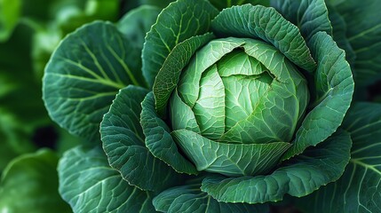 Obraz premium A vibrant green cabbage rests at the center of rich green leaves, showcasing its freshness and healthy growth in a thriving garden setting