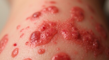 Fototapeta premium Close-up of irritated red skin showing inflammation and dryness, providing a clear depiction of skin irritation with detailed texture. 