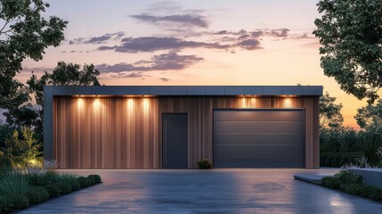 Fototapeta premium Modern Home Exterior: A sleek and contemporary home exterior with a garage, bathed in the soft light of a sunset, showcasing modern design.