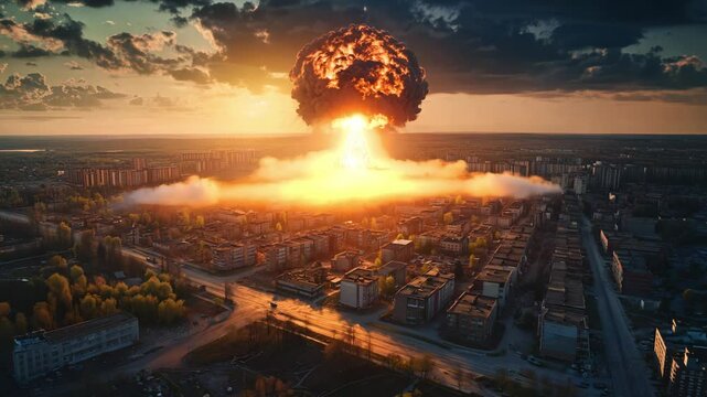 An intense explosion erupts above a city, illuminated by a vibrant sunset, showcasing the devastation