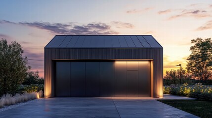 Fototapeta premium Modern Garage at Sunset: A contemporary garage structure featuring a dark, sleek facade and warm exterior lighting, set against a scenic sunset sky.