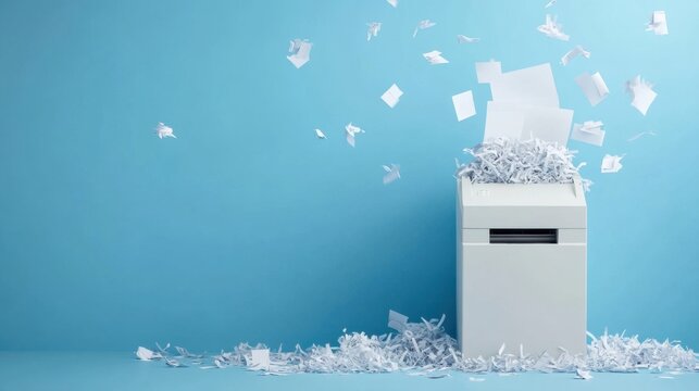 Paper Shredding Process with Shredded Documents and Shredder on a Blue Background for Clean Office Environment