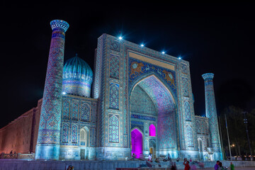 Blue light over the  Registan Madrasa, Samarkand, Uzbekistan