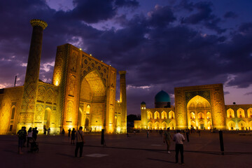 Cloudy twilight over the Registan Madrasa, Samarkand, Uzbekistan