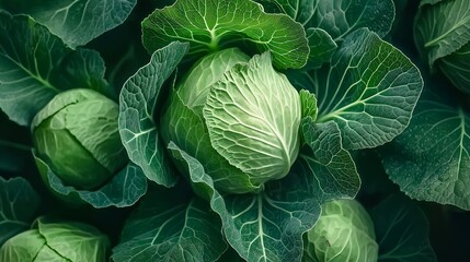 Obraz premium A vibrant green cabbage rests at the center of rich green leaves, showcasing its freshness and healthy growth in a thriving garden setting