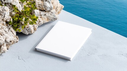 Blank book by pool, ocean view, summer relaxation