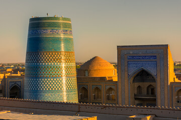 Beautiful sunset over the Itchan Kala of Khiva ancient historic center,  Uzbekistan