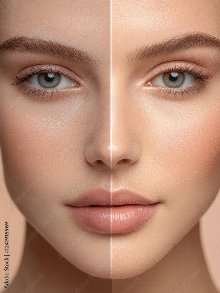 Poster exploring the contrast between natural beauty and glamorous makeup in a split face perspective. gene