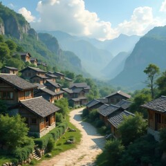 Serene mountain village nestled amidst lush greenery with winding path and blue skies  P2Q8R5