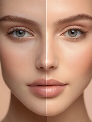 Exploring the contrast between natural beauty and glamorous makeup in a split face perspective. Generative AI
