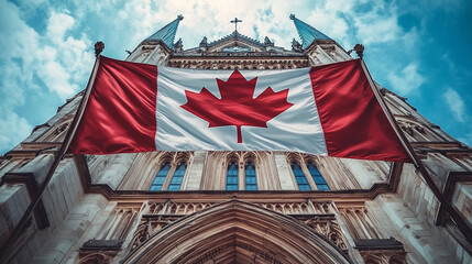 Canadian Flag Waving Proudly in Front of a Historic Building Against a Blue Sky