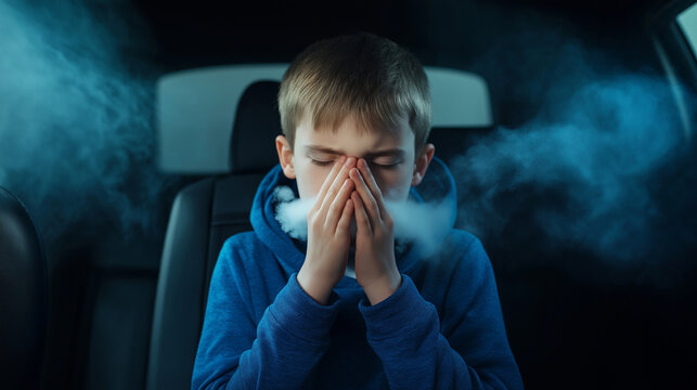 A boy sits in the back seat of a car, pressing his hands against his nose and mouth while smoke from the front seat drifts toward him, emphasizing the risks of passive smoking in e