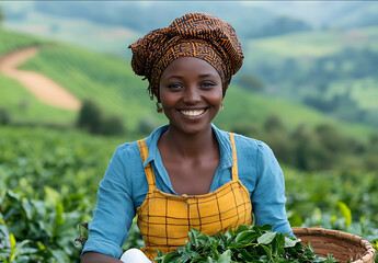 A photo of an smiling kenyan woman picking tea leaves in the background is beautiful teal green coffee fields she wears blue shirt and yellow skirt with white short