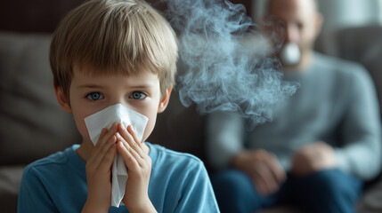 A young boy sitting on a couch clutches a tissue over his nose while his parent smokes nearby, emphasizing the long-term health risks of passive smoke inhalation.
