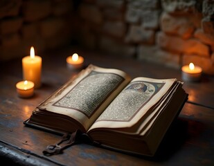 An open ancient gothic book, candles burning softly around it, dark stone walls in the background.