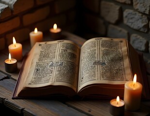 An open ancient gothic book, candles burning softly around it, dark stone walls in the background.
