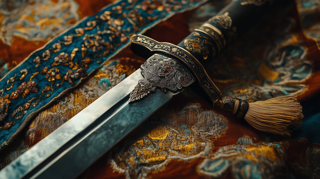 A detailed view of a Cossack saber (shashka) resting on a traditional embroidered belt, symbolizing Ukrainian warrior heritage