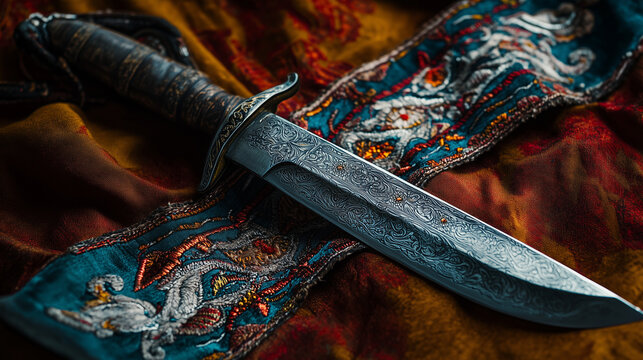 A detailed view of a Cossack saber (shashka) resting on a traditional embroidered belt, symbolizing Ukrainian warrior heritage