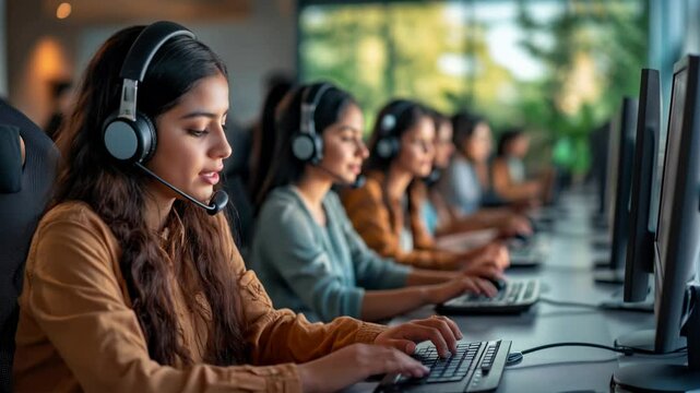 In a bright training room, a young woman wears a headset and focuses on her computer, surrounded by classmates engaged in similar activities, highlighting a collaborative learning atmosphere.