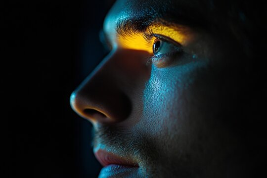 A man's face captures attention as he is illuminated by the flickering light of a cinema screen. The deep focus highlights his features, evoking emotion and intrigue. With copy space for text
