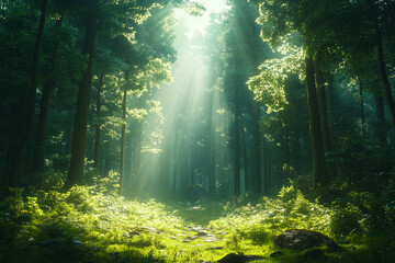 Obraz premium Enchanting green forest with sunbeams shining through tall trees creating a peaceful and mystical atmosphere