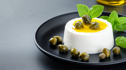 Smooth taramosalata spread with capers and olive oil presented on a dark plate in an elegant minimalist style