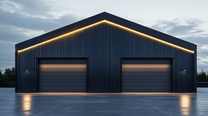 Fototapeta premium Modern Black Barn with LED Lighting: A sleek, modern barn with a dark exterior and two large garage doors is illuminated by warm LED strip lights along the roofline.