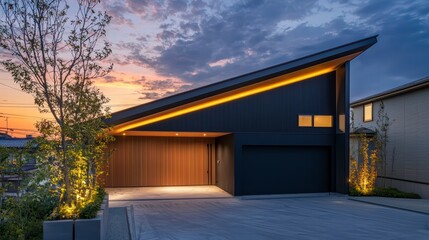 Obraz premium Modern Architectural Design at Dusk: Sleek, contemporary house with a dramatic sloped roofline and warm wood accents, illuminated beautifully against a twilight sky.