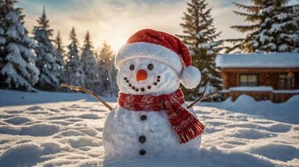 Obraz premium Snowman built in snowy landscape with snowflakes falling gently on a winter day