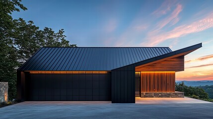 Obraz premium Modern Minimalist Home: A sleek, modern home with a black metal roof and wood accents stands majestically against a stunning sunset sky.