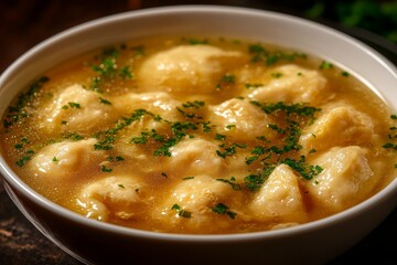 Chicken dumplings soup, close-up, wooden table, herbs