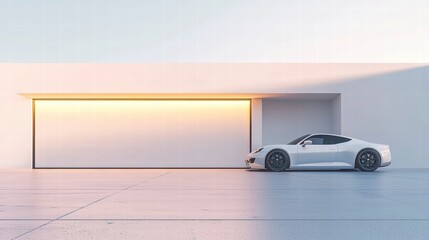 Sleek Design, Serene Setting: A minimalist masterpiece, this image features a modern garage with sleek lines and a spacious open layout. A sleek white sports car sits gracefully in the garage.