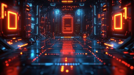 Futuristic server room corridor; data transfer, glowing lights