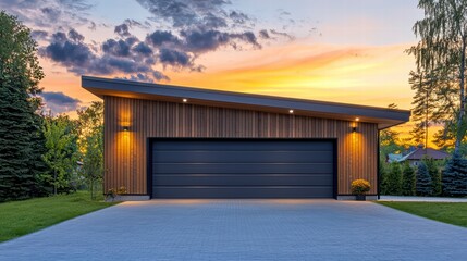 Fototapeta premium Modern Garage Design at Sunset: A contemporary detached garage boasts sleek dark gray doors, warm wood siding, and integrated lighting, all set against a vibrant sunset backdrop.