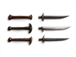 Drei stilisierte Dolche mit Holzgriffen in einem klaren, minimalistischen Design.

