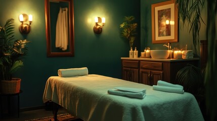 Serene Spa Room: Tranquil Massage Setting with Warm Lighting and Lush Greenery