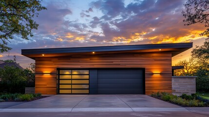 Fototapeta premium Modern Garage Design: A sleek and contemporary garage with wooden siding, a dramatic cantilevered roof, and a large, modern garage door, bathed in the warm glow of the setting sun.