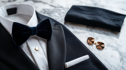 A close-up of a tuxedo ensemble laid out on a marble surface, featuring a velvet bow tie, polished cufflinks, and a sleek pocket square, highlighting sophistication and attention t