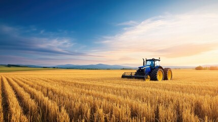 Naklejka premium Blue Tractor Working in Golden Wheat Field Under Dramatic Sky at Sunset in Rural Landscape